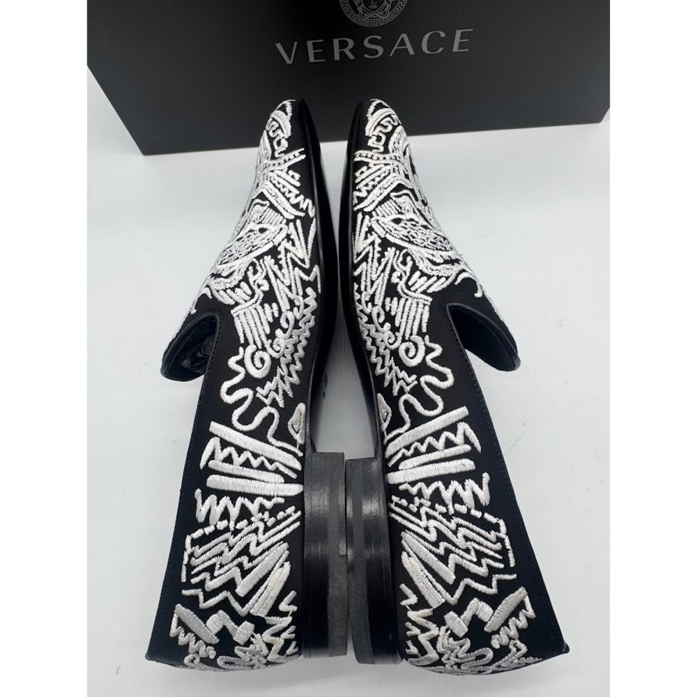Versace Medusa Embroidered Slippers Black White Loafers DSU6488 US7 IT39 NEW - Picture 3 of 12